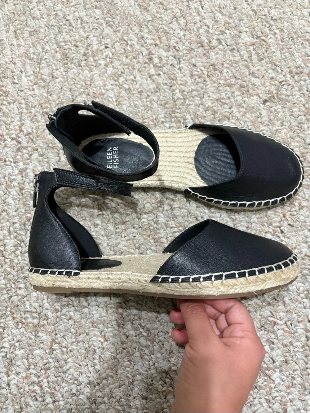 EILEEN FISHER Lala Black Tumbled Leather Ankle Strap Espadrilles Flat Size 6 NEW